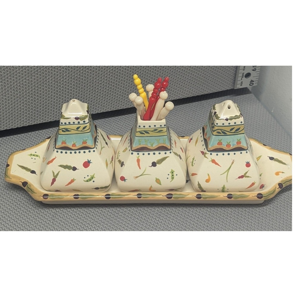 Ceramic Garden Vegetable Salt Pepper Shaker Set with Toothpick Holder and Tray